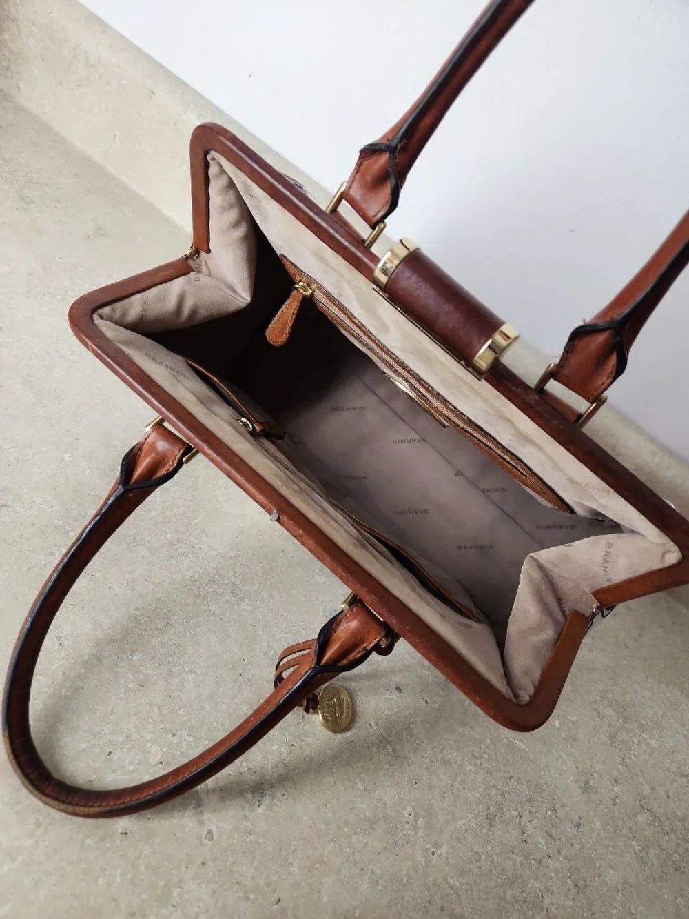 Brahmin Frame Satchel Blue Delft floral birds print hand bag classic rare - Picture 12 of 16